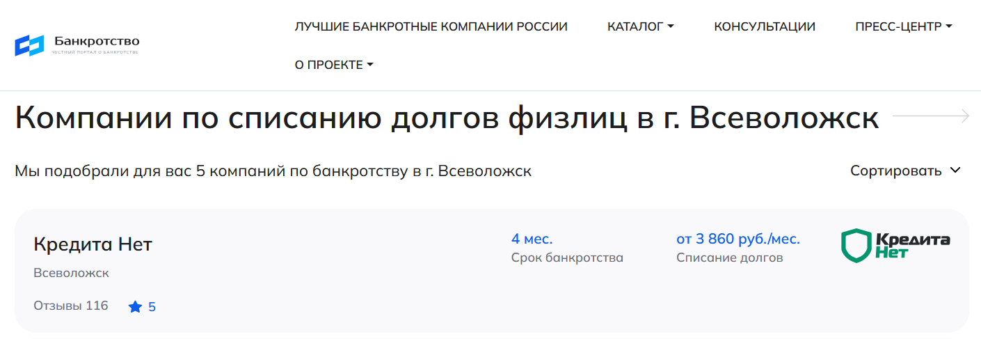 КредитаНет – первые в рейтинге компаний по банкротству в Всеволожске на сайте Банкротство Инфо